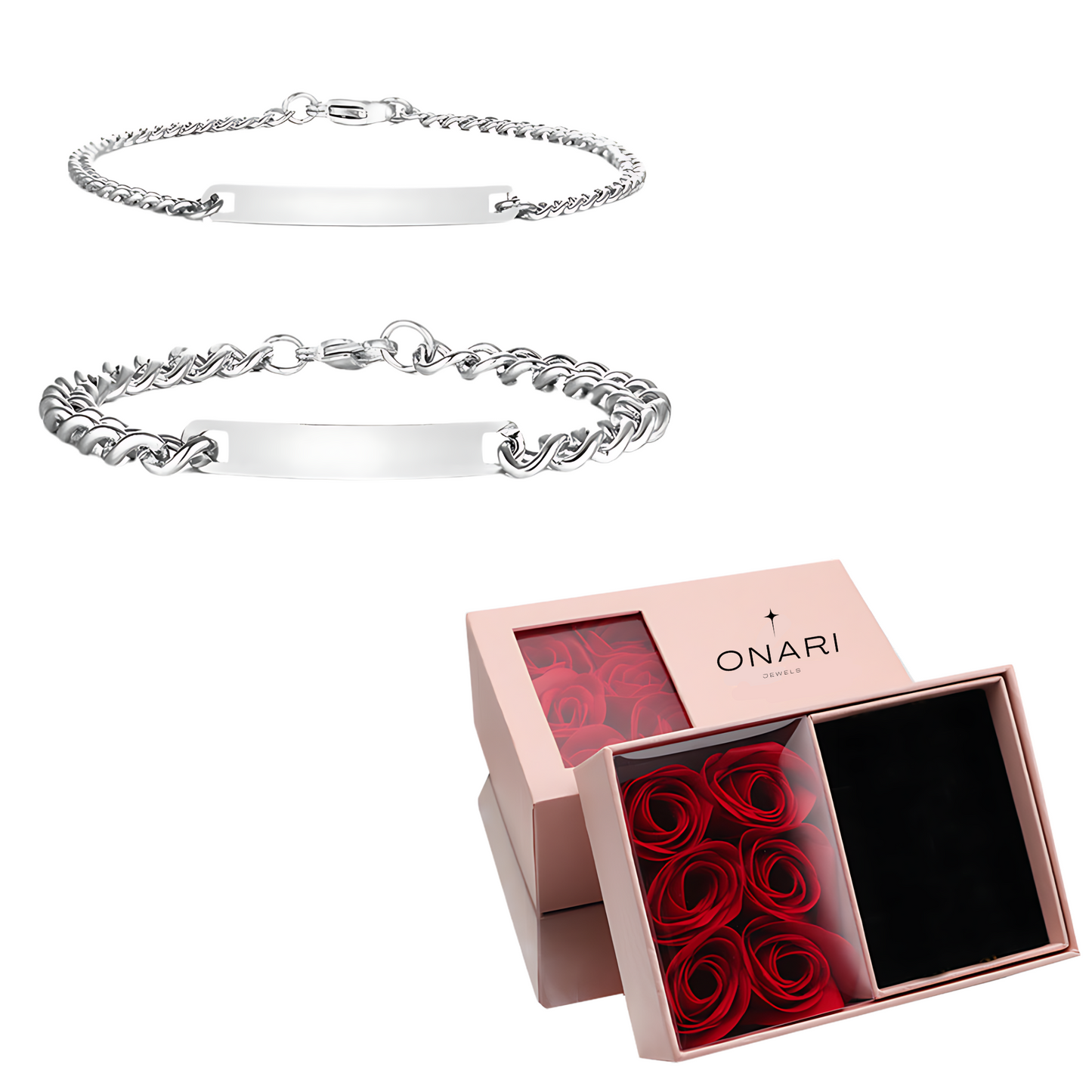rose box - & engraved couples bracelet