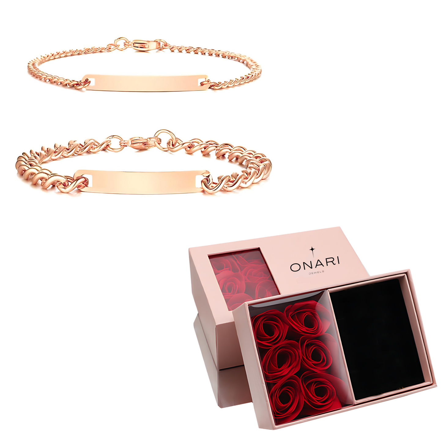 rose box - & engraved couples bracelet