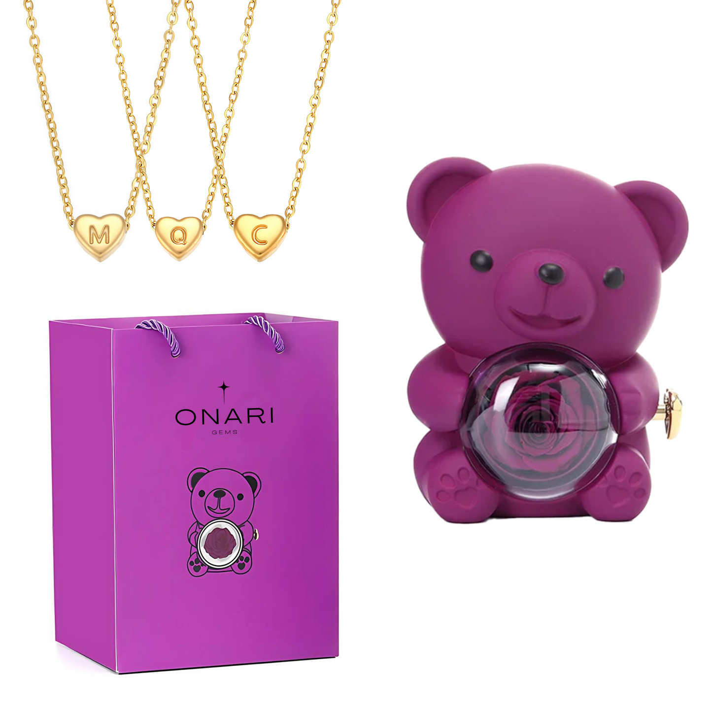 eternal rose bear - & initial heart necklace