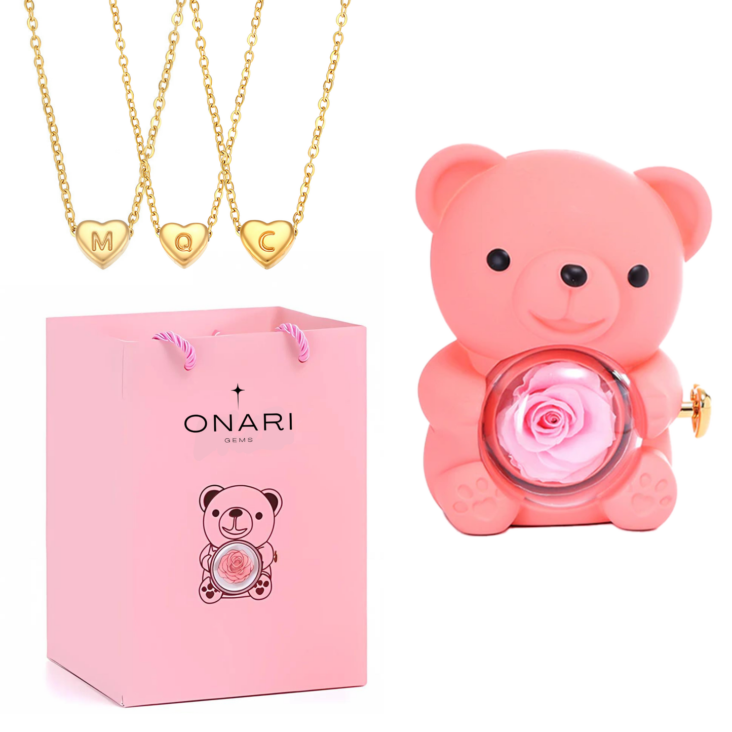 eternal rose bear - & initial heart necklace