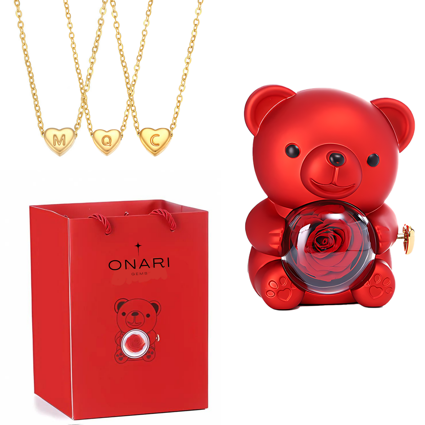 eternal rose bear - & initial heart necklace